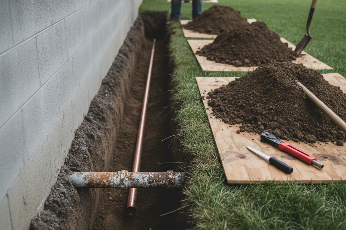 Excavated water line trench during Sewer Line Repair in Bellevue